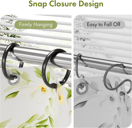 AmazerBath black plastic shower curtain rings with a secure snap closure that resists falling off.