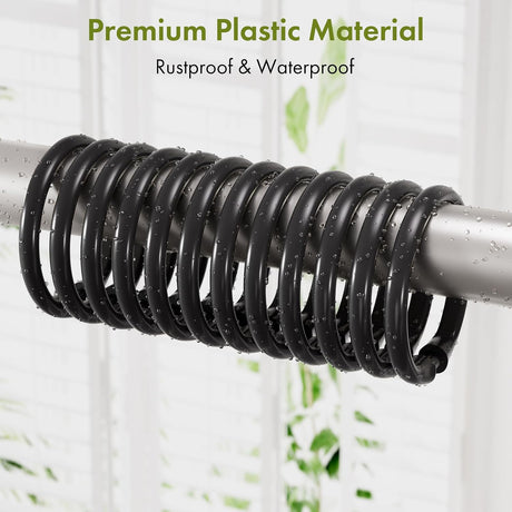 Set of AmazerBath black plastic shower curtain rings showing rustproof and waterproof construction.