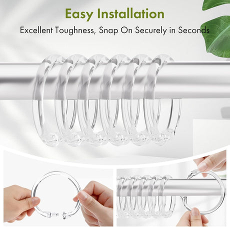 AmazerBath clear plastic shower curtain rings with flexible snap-on installation for curtains and liners.