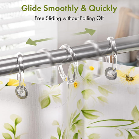 AmazerBath clear plastic shower curtain rings gliding smoothly along a metal shower curtain rod.