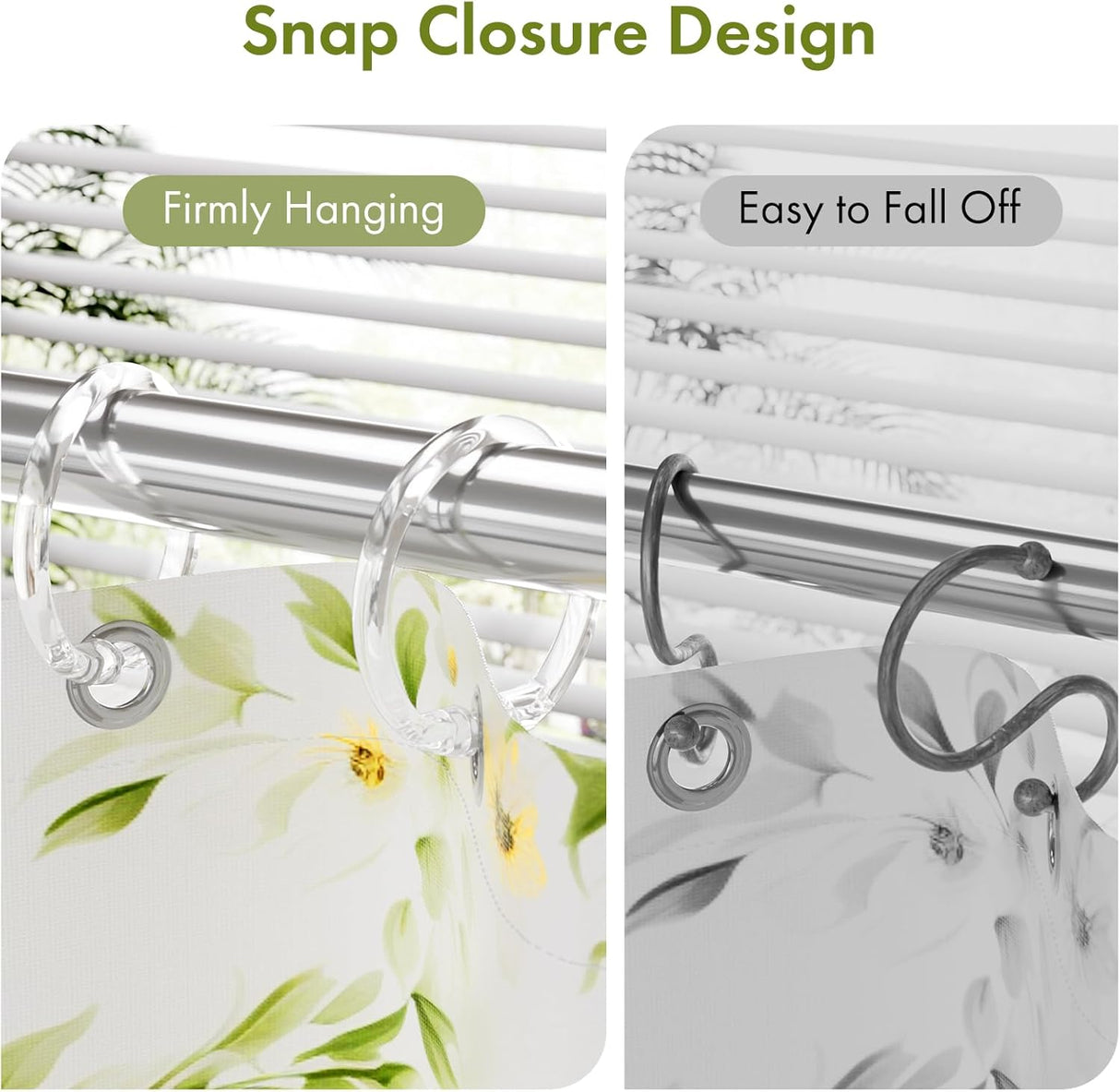 AmazerBath clear plastic shower curtain rings with secure snap closures that resist falling off.