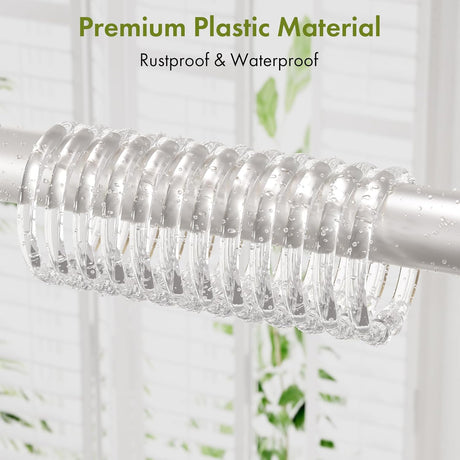 AmazerBath clear plastic shower curtain rings showing rustproof and waterproof material on a shower rod.