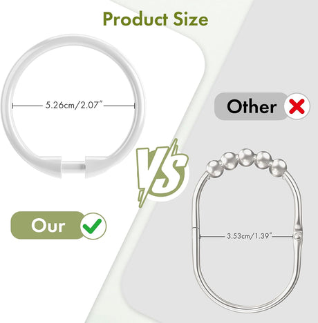 AmazerBath white plastic shower curtain ring dimensions with snap closure and smooth round profile.