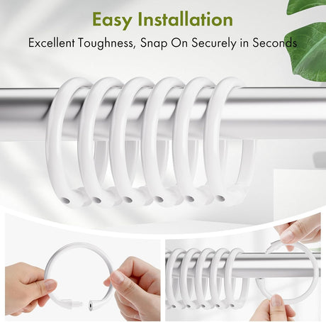 AmazerBath white plastic shower curtain rings with flexible snap-on installation for curtains and liners.