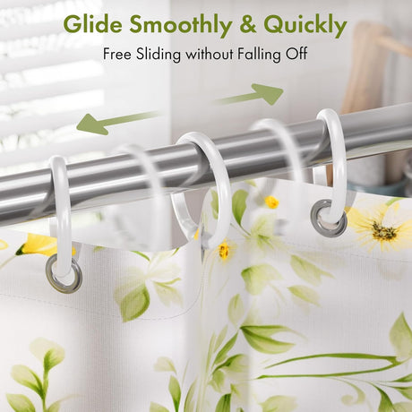 AmazerBath white plastic shower curtain rings gliding smoothly along a shower curtain rod.
