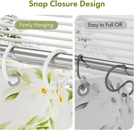 AmazerBath white plastic shower curtain rings with a secure snap closure that resists falling off.