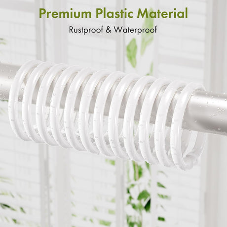 Set of AmazerBath white plastic shower curtain rings showing rustproof and waterproof construction.