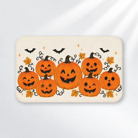 Pumpkin patch Halloween bath mat with jack-o'-lanterns and bats on a light gray background