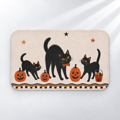 AmazerBath retro black cats Halloween bath mat, 34 x 21 inches, with pumpkins and stars on a light gray background