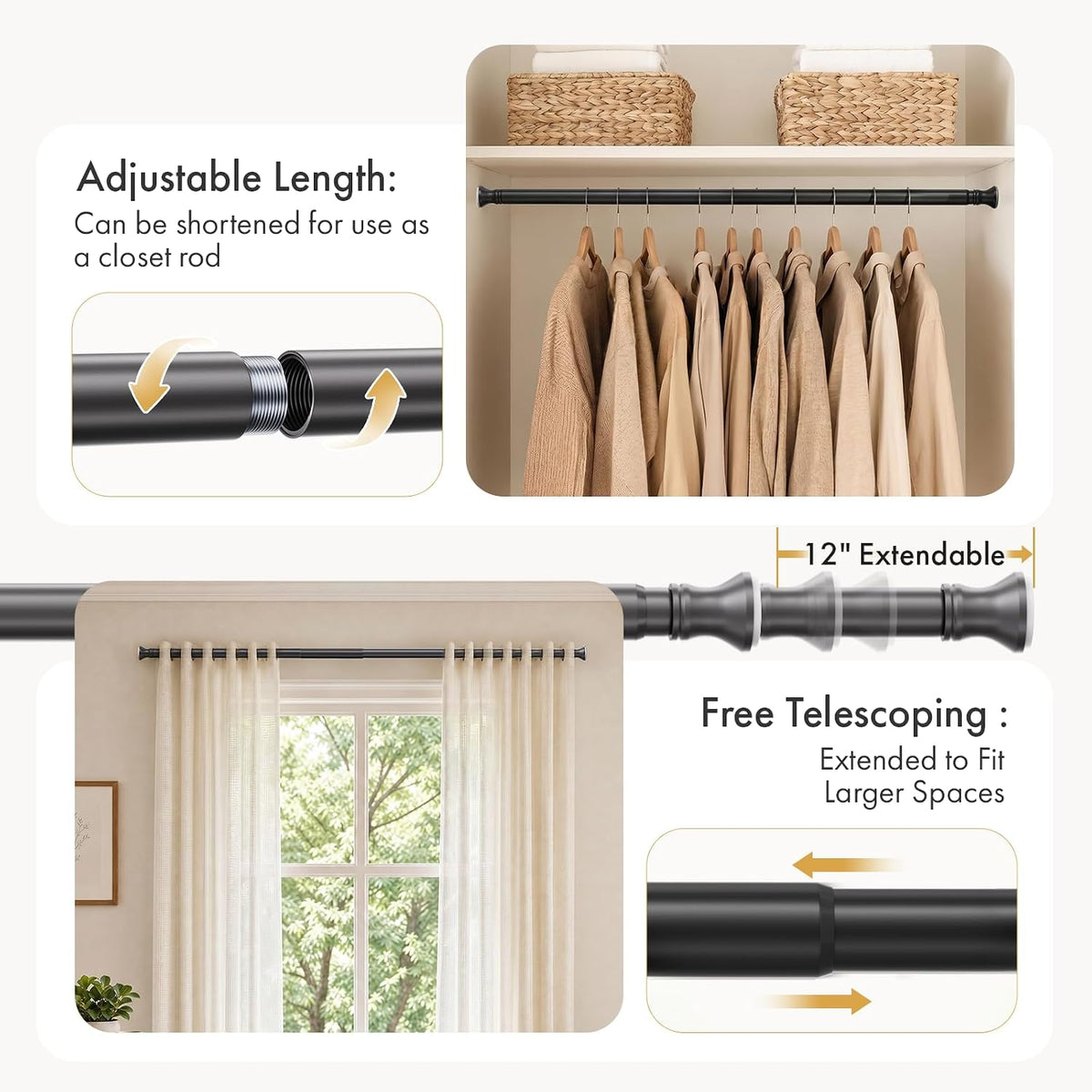 AmazerBath Black segmented spring tension rod showing adjustable length for closet storage and window curtain use.