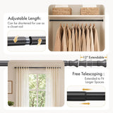 AmazerBath Black segmented spring tension rod showing adjustable length for closet storage and window curtain use.