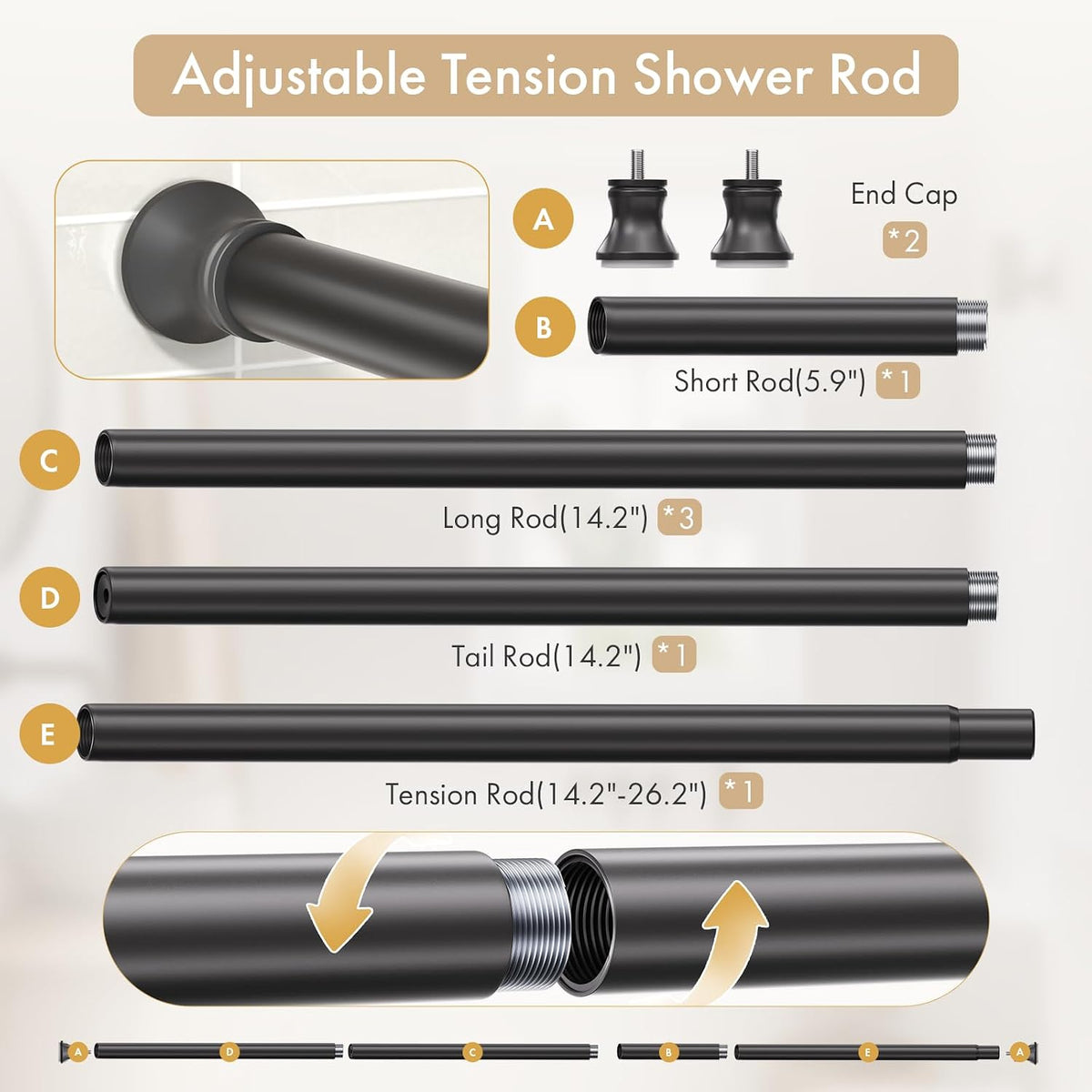 AmazerBath Black segmented spring tension rod component guide showing end caps, rod sections, and twist assembly.