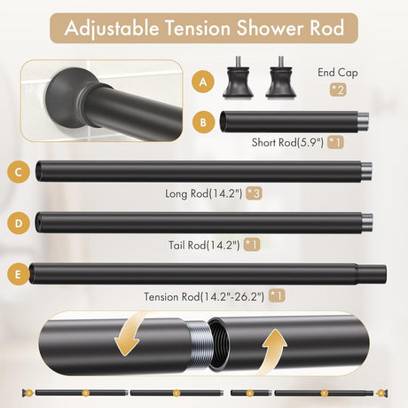 AmazerBath Black segmented spring tension rod component guide showing end caps, rod sections, and twist assembly.