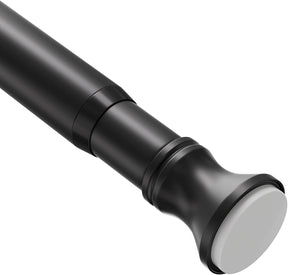 AmazerBath Black segmented spring tension rod close-up showing the smooth metal finish and non-slip end cap.