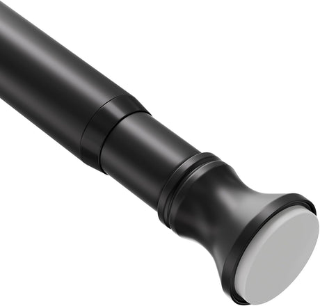 AmazerBath Black segmented spring tension rod close-up showing the smooth metal finish and non-slip end cap.