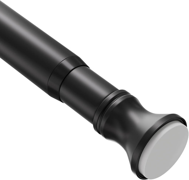 AmazerBath Black segmented spring tension rod close-up showing the smooth metal finish and non-slip end cap.
