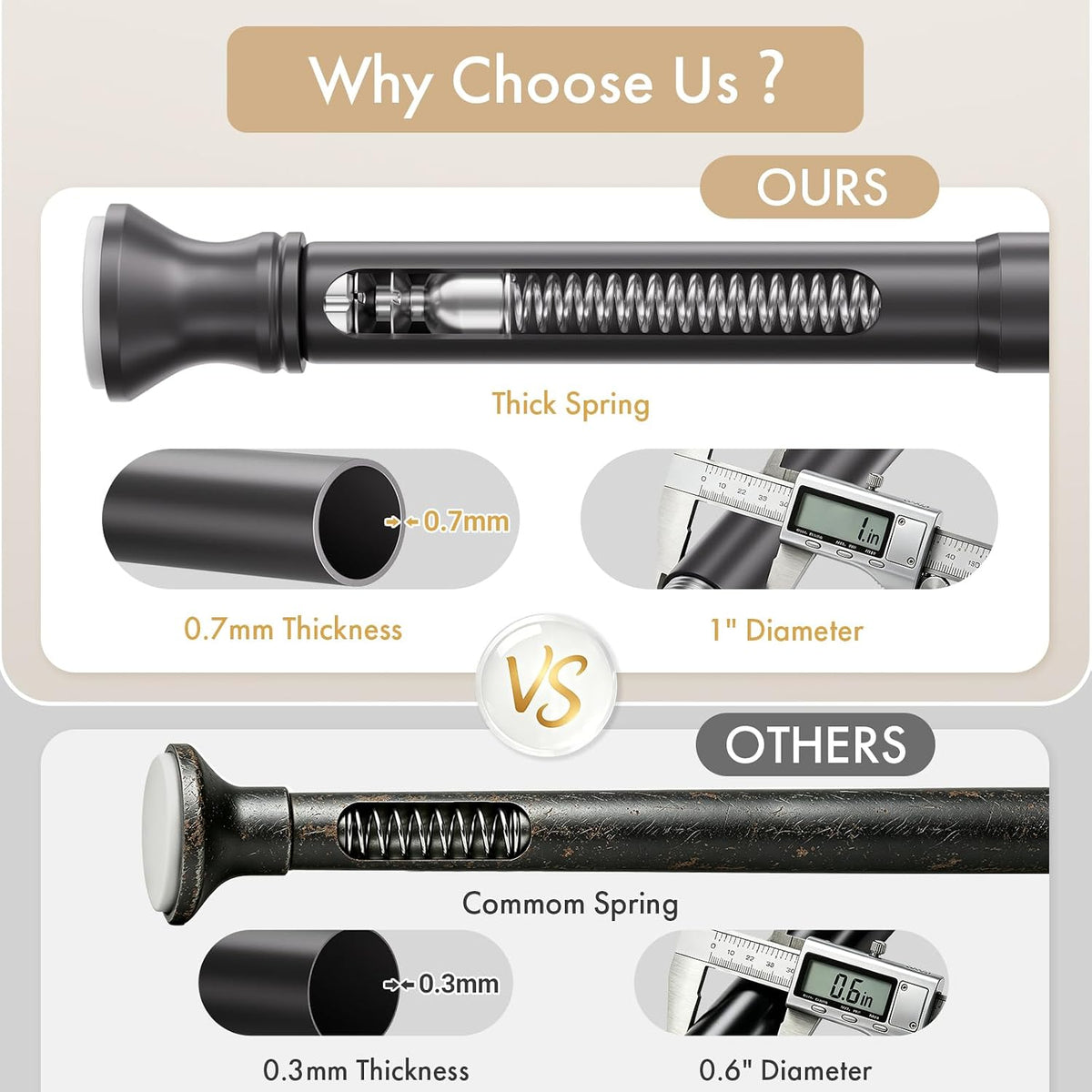 AmazerBath Black segmented spring tension rod comparison highlighting its thick internal spring and metal tube construction.