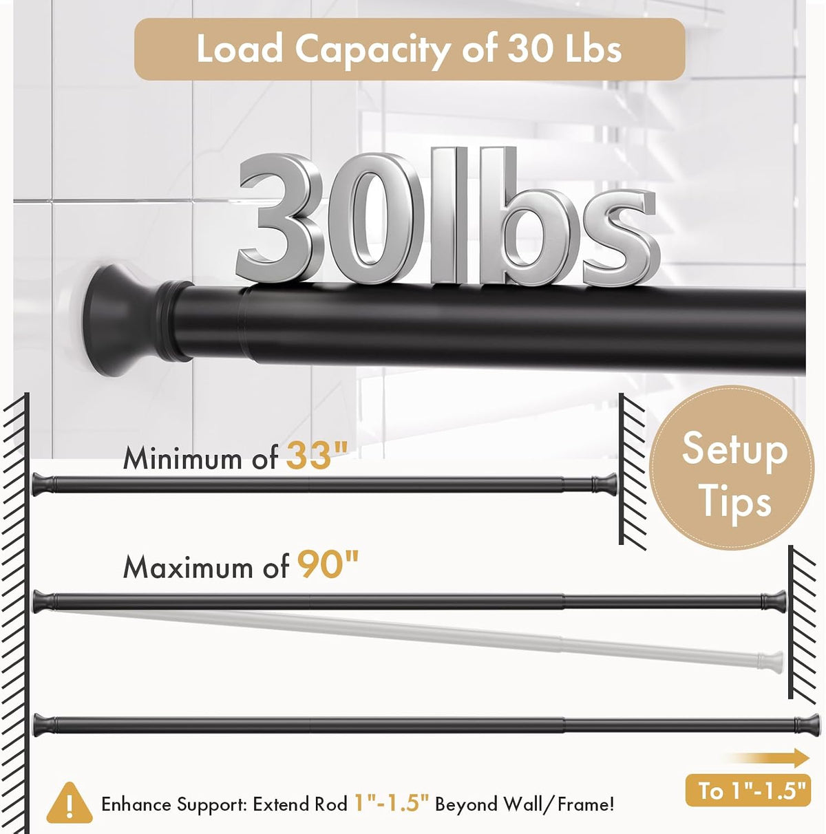 AmazerBath Black segmented spring tension rod weight capacity guide showing 30 lb support and a 33-to-90-inch size range.