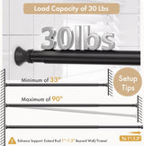 AmazerBath Black segmented spring tension rod weight capacity guide showing 30 lb support and a 33-to-90-inch size range.