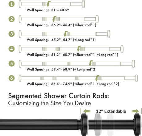 AmazerBath Segmented Spring Tension Shower Curtain Rod in Black, product detail image.