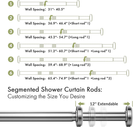 AmazerBath Segmented Spring Tension Shower Curtain Rod in Chrome, product detail image.
