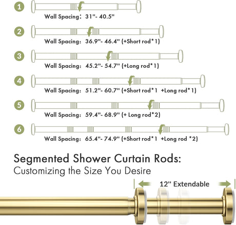 AmazerBath Segmented Spring Tension Shower Curtain Rod in Gold, product detail image.