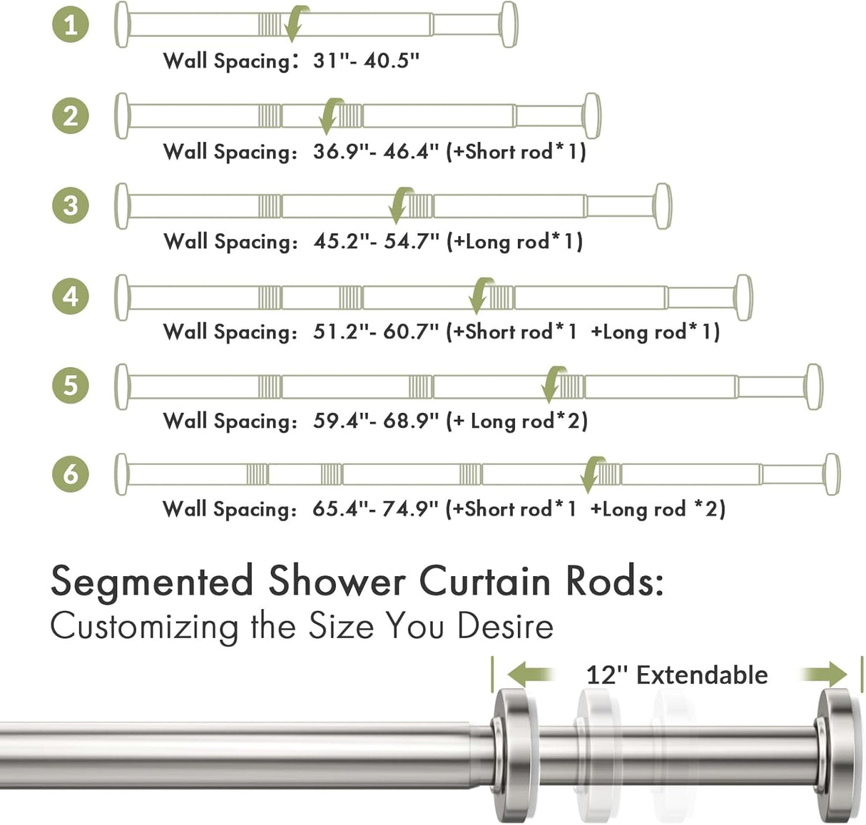 Nickel AmazerBath spring tension curtain rod showing adjustable segmented lengths and 12-inch spring extension.