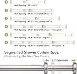 Nickel AmazerBath spring tension curtain rod showing adjustable segmented lengths and 12-inch spring extension.
