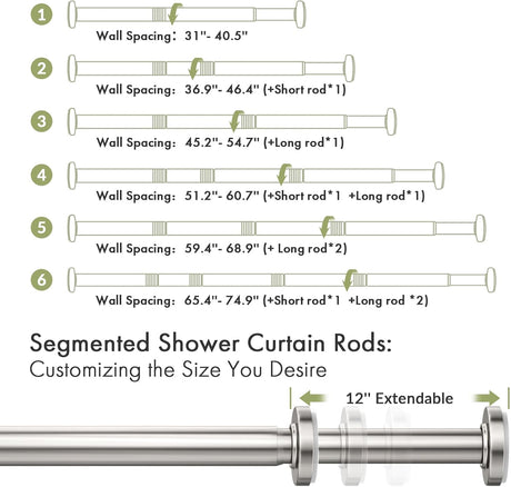 AmazerBath Segmented Spring Tension Shower Curtain Rod in Nickel, product detail image.