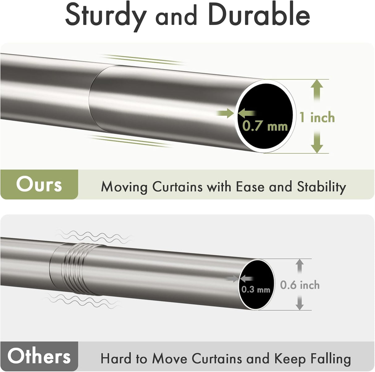 Segmented Spring Tension Shower Curtain Rod in nickel size and dimensions chart.