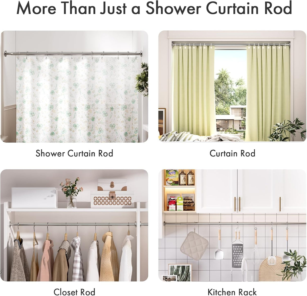 Nickel AmazerBath spring tension curtain rod showing used as a shower rod, window curtain rod, closet rod, and kitchen rack.