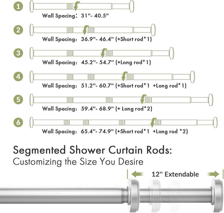 AmazerBath Segmented Spring Tension Shower Curtain Rod in Silver, product detail image.