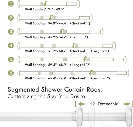 AmazerBath Segmented Spring Tension Shower Curtain Rod in White, product detail image.