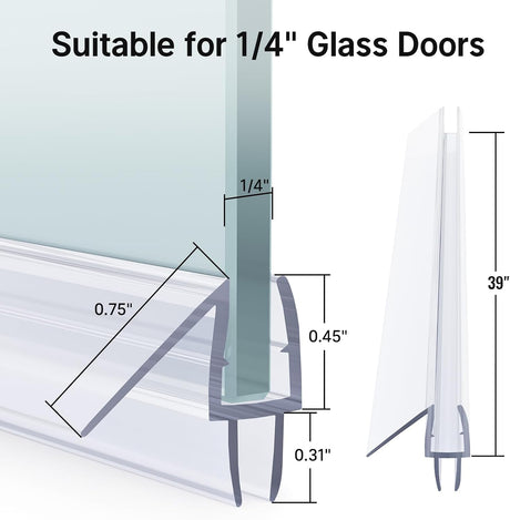 AmazerBath clear bottom shower door seal dimensions for 1/4-inch glass doors and 39-inch installation.