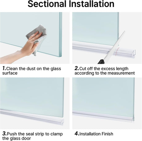 Step-by-step installation guide for the AmazerBath clear bottom shower door seal on frameless glass.