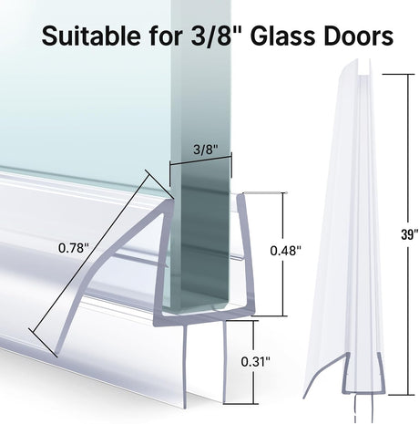 AmazerBath clear bottom shower door seal dimensions for 3/8-inch glass doors and 39-inch installation.
