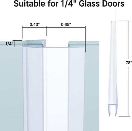 AmazerBath clear side shower door seal dimensions for 1/4-inch glass doors and 78-inch installation.