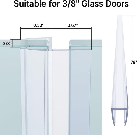 AmazerBath clear side shower door seal dimensions for 3/8-inch glass doors and 78-inch installation.