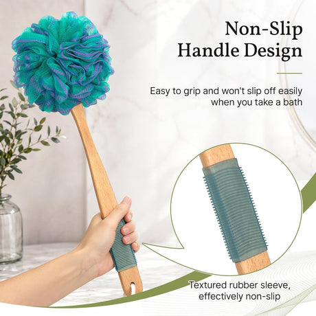 AmazerBath Loofah Back Scrubber with Wooden Handle in Green, product detail image highlighting the design and key features.