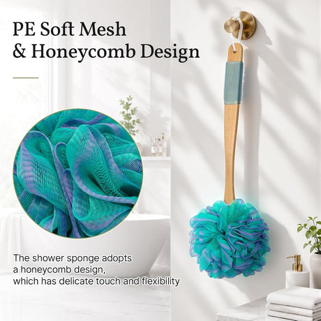 AmazerBath Loofah Back Scrubber with Wooden Handle in Green, product detail image highlighting the design and key features.