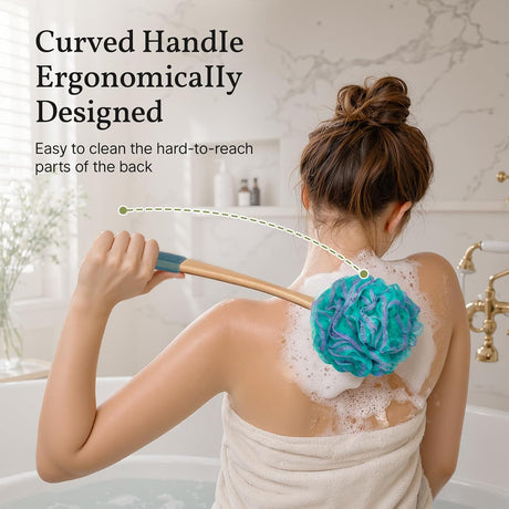 AmazerBath Loofah Back Scrubber with Wooden Handle in Green, product detail image highlighting the design and key features.