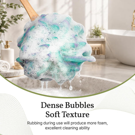 AmazerBath Loofah Back Scrubber with Wooden Handle in Green, product detail image highlighting the design and key features.