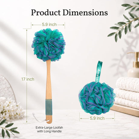 AmazerBath Loofah Back Scrubber with Wooden Handle in Green, product detail image highlighting the design and key features.