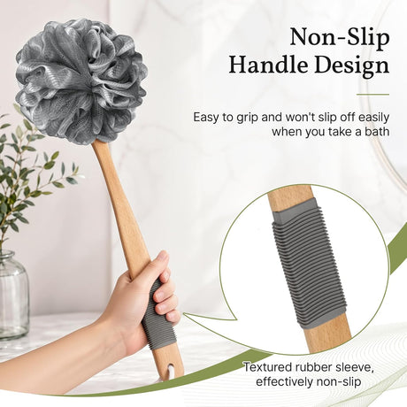AmazerBath Loofah Back Scrubber with Wooden Handle in Grey, product detail image highlighting the design and key features.