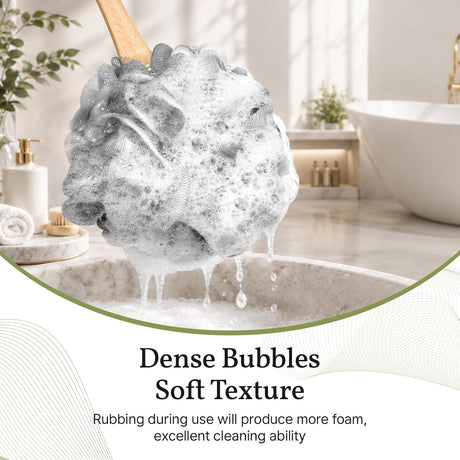 AmazerBath Loofah Back Scrubber with Wooden Handle in Grey, product detail image highlighting the design and key features.