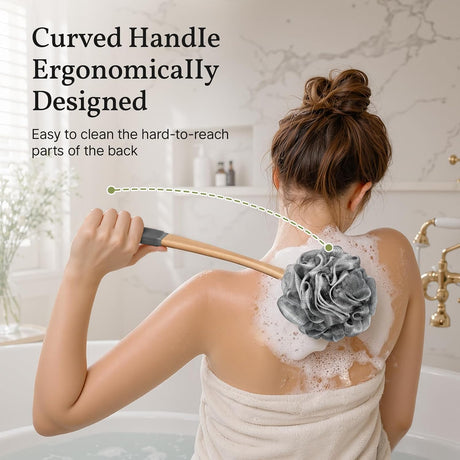 AmazerBath Loofah Back Scrubber with Wooden Handle in Grey, product detail image highlighting the design and key features.