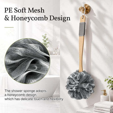 AmazerBath Loofah Back Scrubber with Wooden Handle in Grey, product detail image highlighting the design and key features.