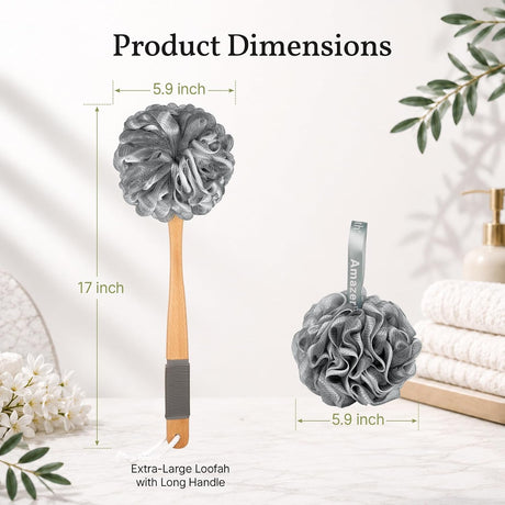 AmazerBath Loofah Back Scrubber with Wooden Handle in Grey, product detail image highlighting the design and key features.