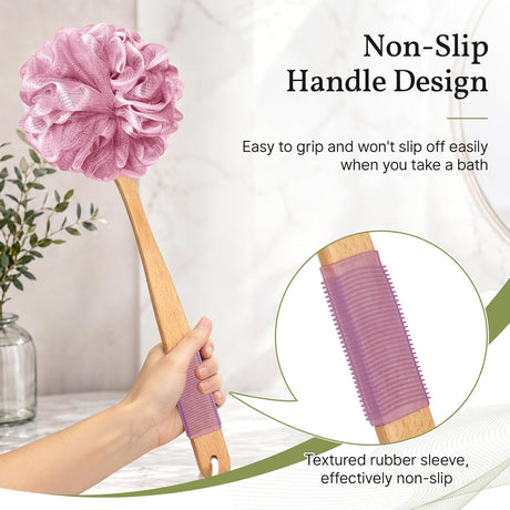 AmazerBath Loofah Back Scrubber with Wooden Handle in Pink, product detail image highlighting the design and key features.