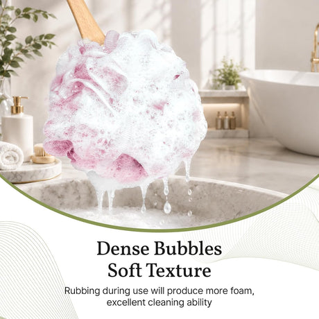 AmazerBath Loofah Back Scrubber with Wooden Handle in Pink, product detail image highlighting the design and key features.